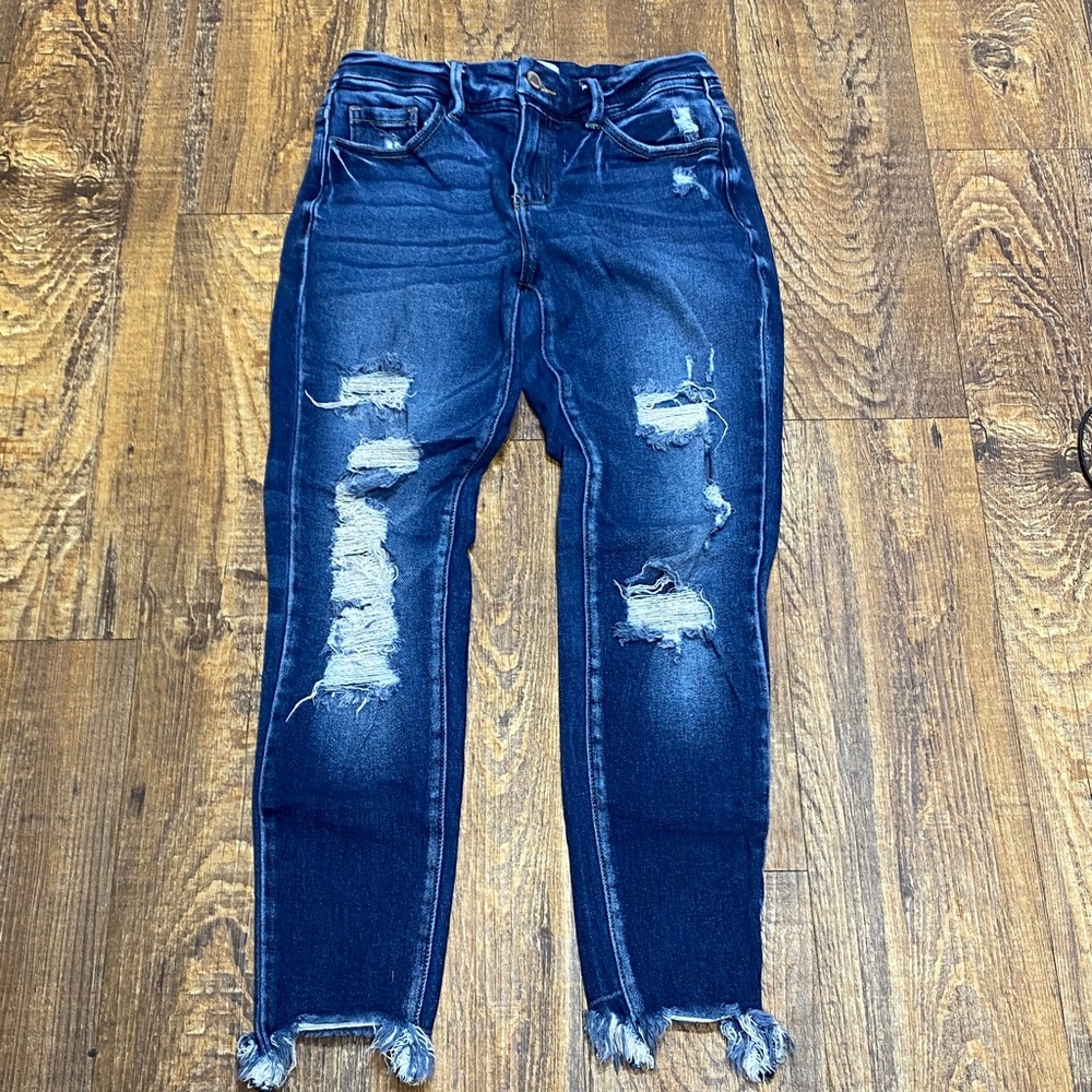 KanCan size 26 Dark Blue Distressed mid Rise Skinny Jeans destroyed raw hem